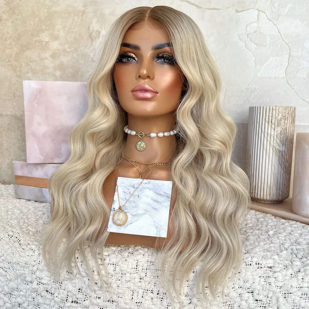 AIMEYA Body Wave Synthetic Lace Front Wig Ombre Blonde Synthetic Lace Wigs for Women Natural Hairline Brown Roots Cosplay Used