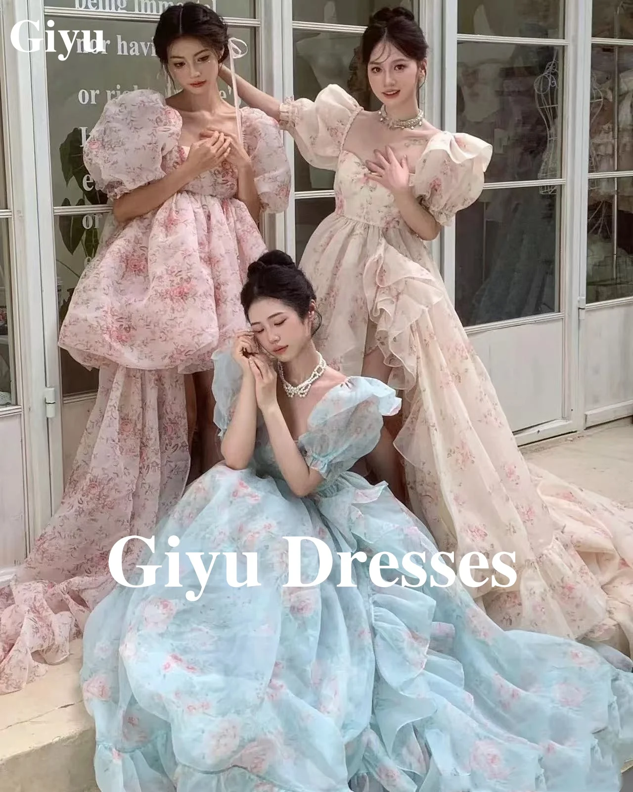 Giyu Elegant Princess Tulle Sweetheart Fairy Evening Dresses Women's Bubble Sleeve Half Sleeve Floral Pattern Prom Dresses