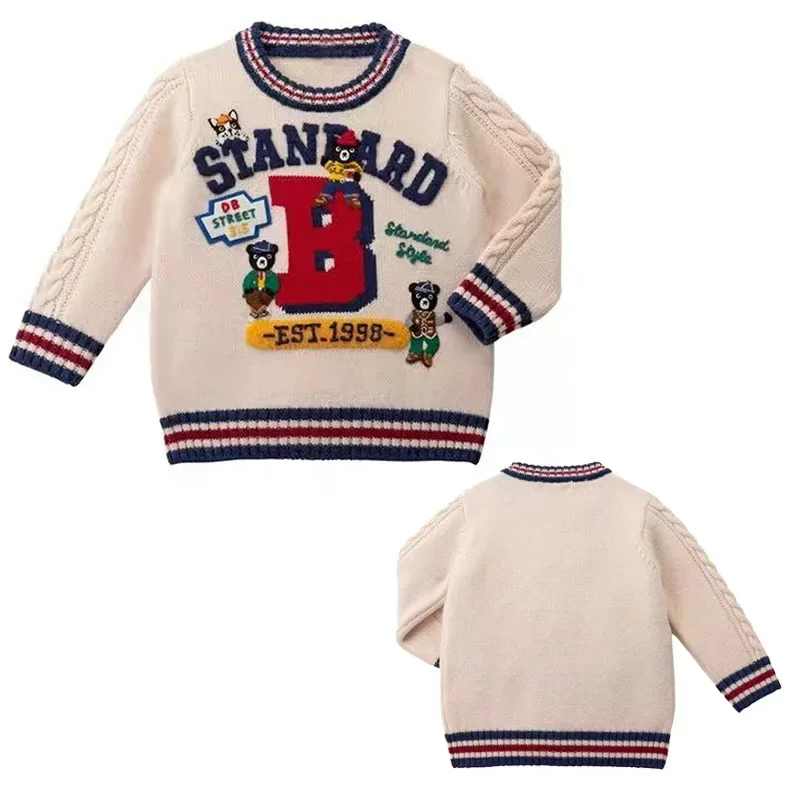 Pullovers For Kids Boys  1-7y  Japan Style  Cotton  Winter Black Bear Letter Embroidered Patch Color-block Sweater Knit