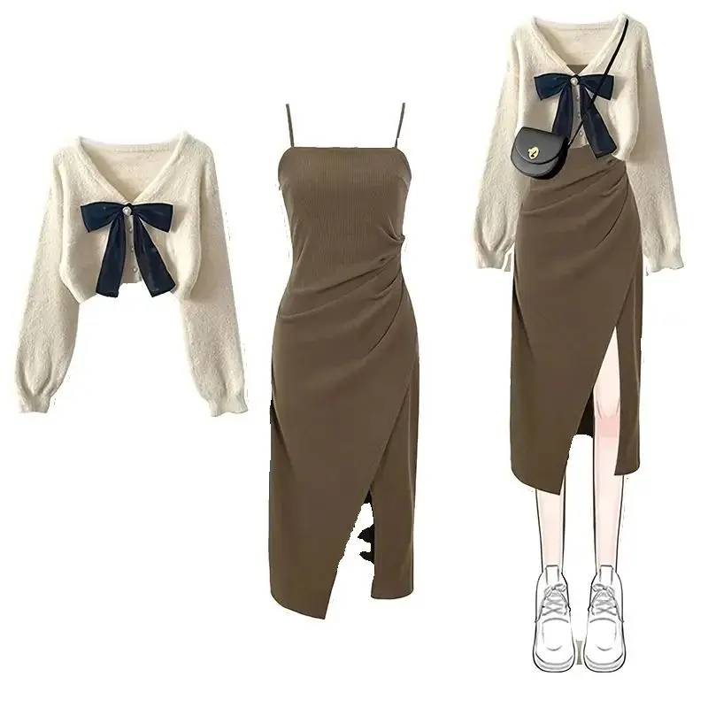 

Korean Set Sweater Knitted Long Sleeve Two-Piece Set Midi Dress Spring Autumn Ladies Suit