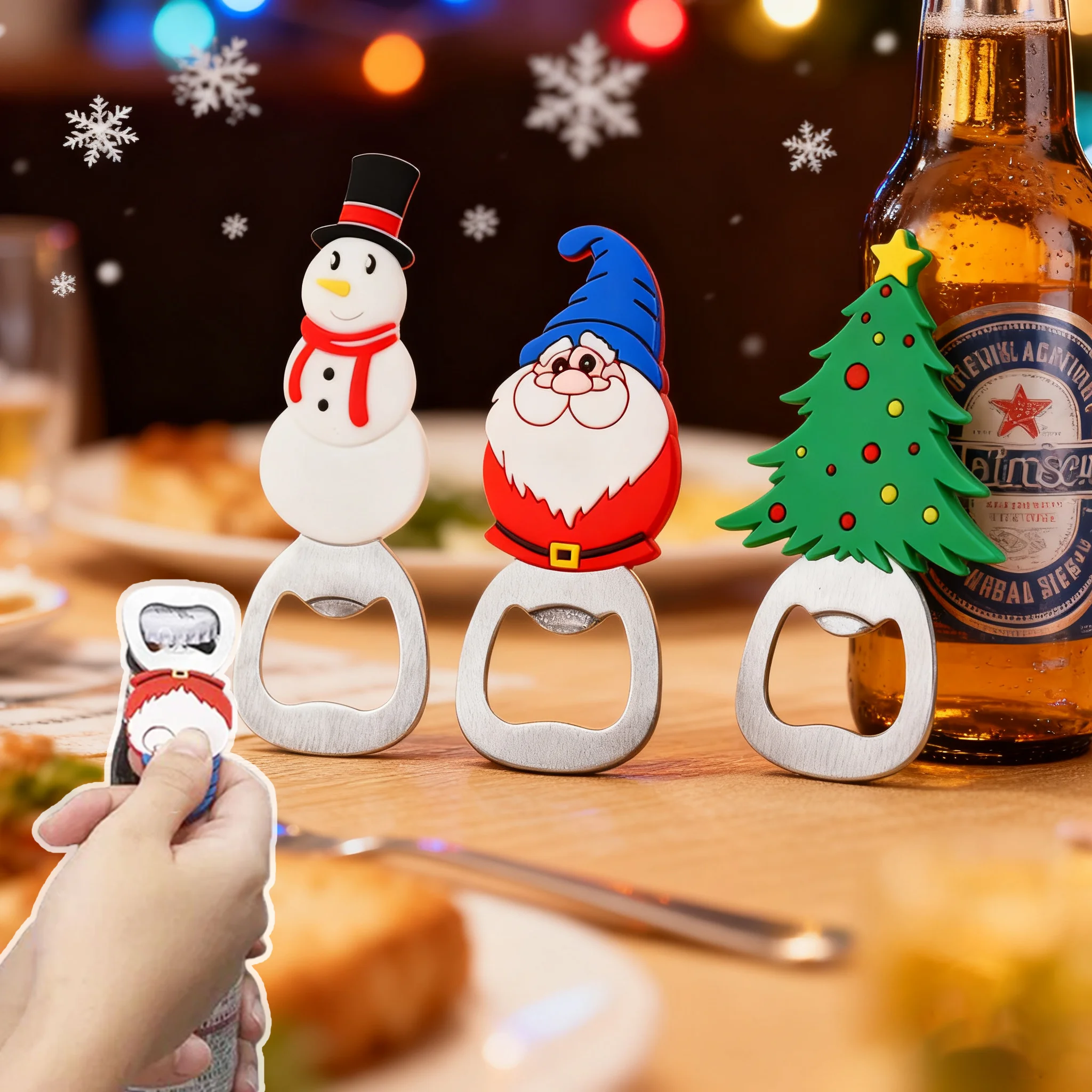 

Christmas Beer Opener with Santa Snowman Design Silicone Handle Stainless Steel for 2025 Xmas Party Decor Gift