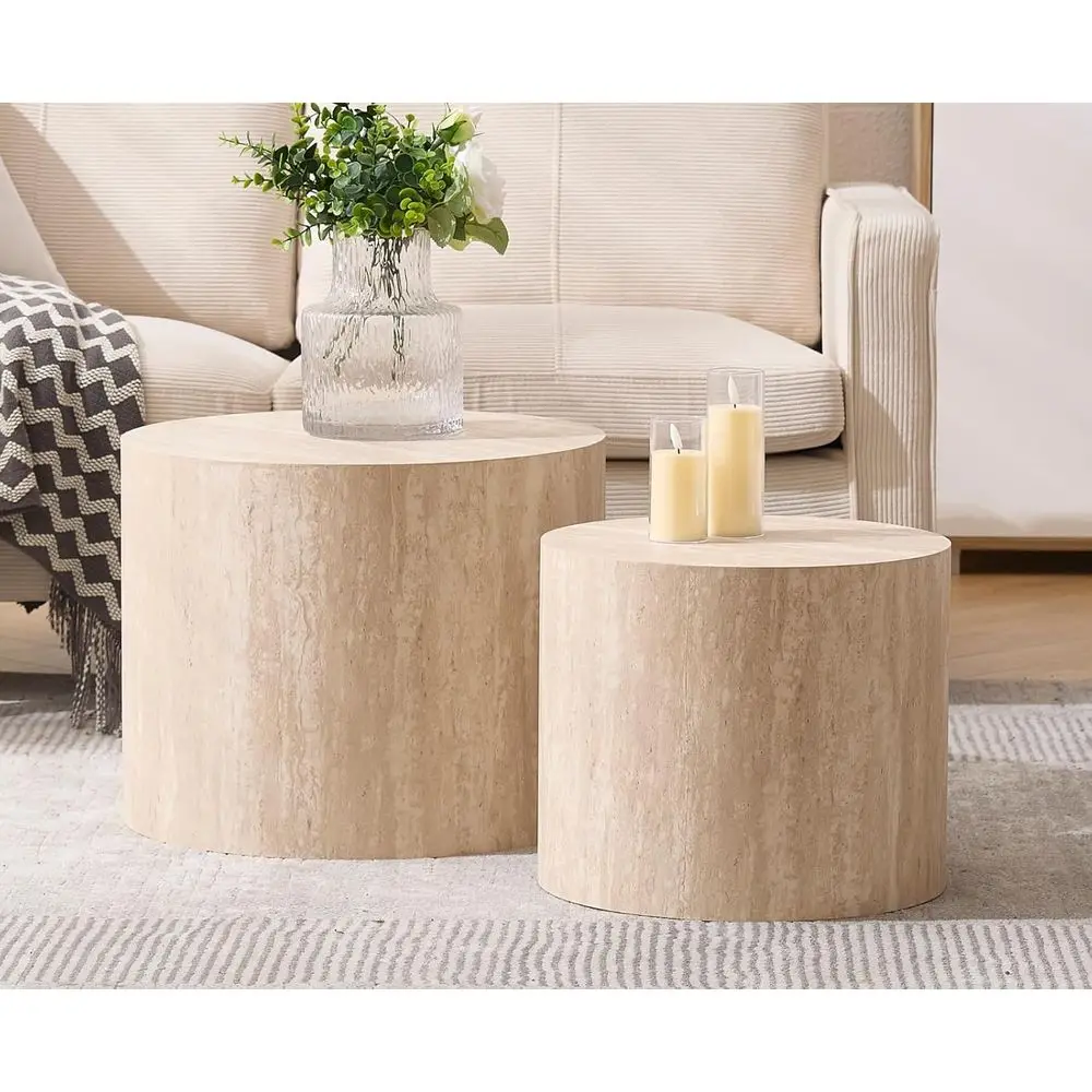 

2-Piece Coffee Table Set with Small Round End Tables, Ideal for Living Rooms, Bedrooms, and Balconies, Ready to Use, Travertine