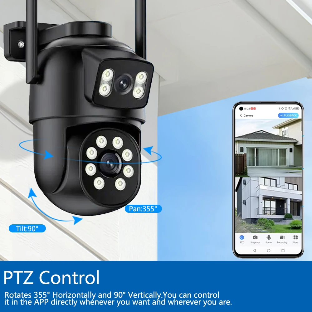 Black EseeCloud 8MP 4K PTZ Wifi PTZ Camera With Dual Lens Dual Screens Human Detection Wireless Outdoor CCTV Security IP Camera