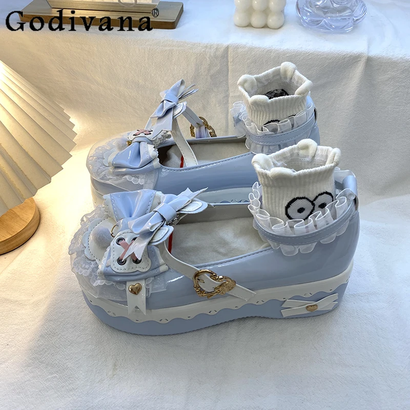 

Autumn Lolita Single Shoes for Girls JK Matching Dress Sweet Bow Single Shoes Women's Blue Pink Lace Platform Sole Shoes