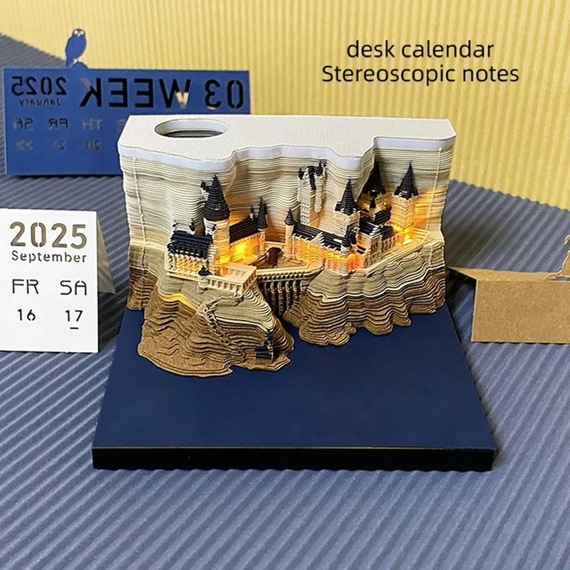 Time Piece Calendar, 2025 Desk Calendar Memo Pad, 3D Magic Castle Time Piece Notepad With Lights