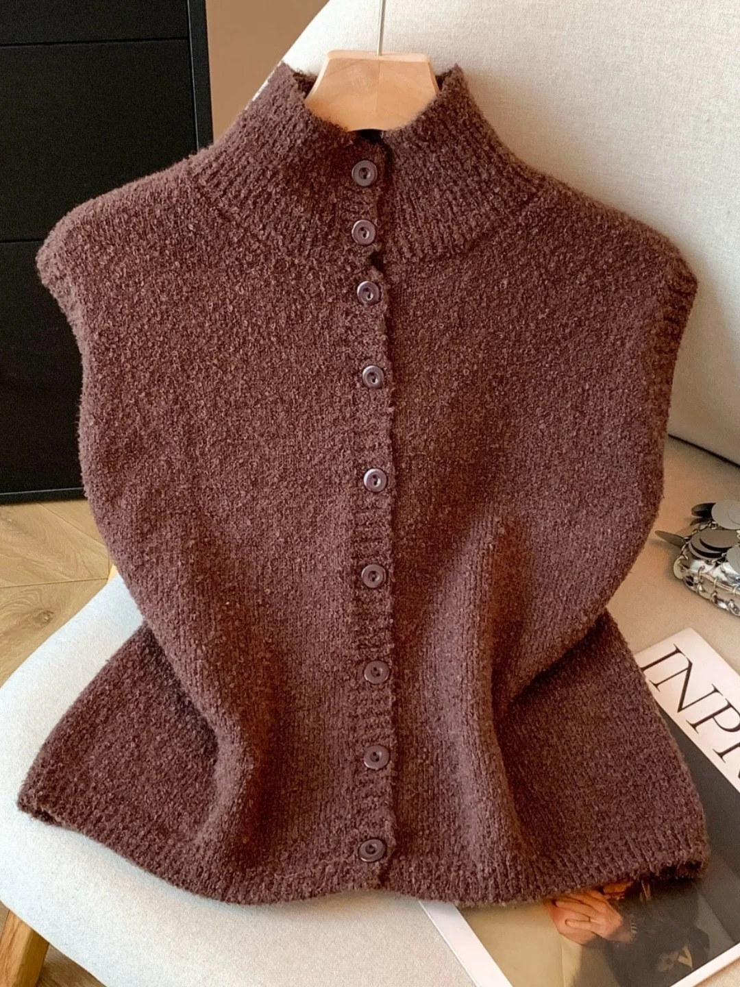 

Корейский вязаный открытый кардиган с высоким воротником, женский осенне-зимний многослойный жилет с накладками на плечах