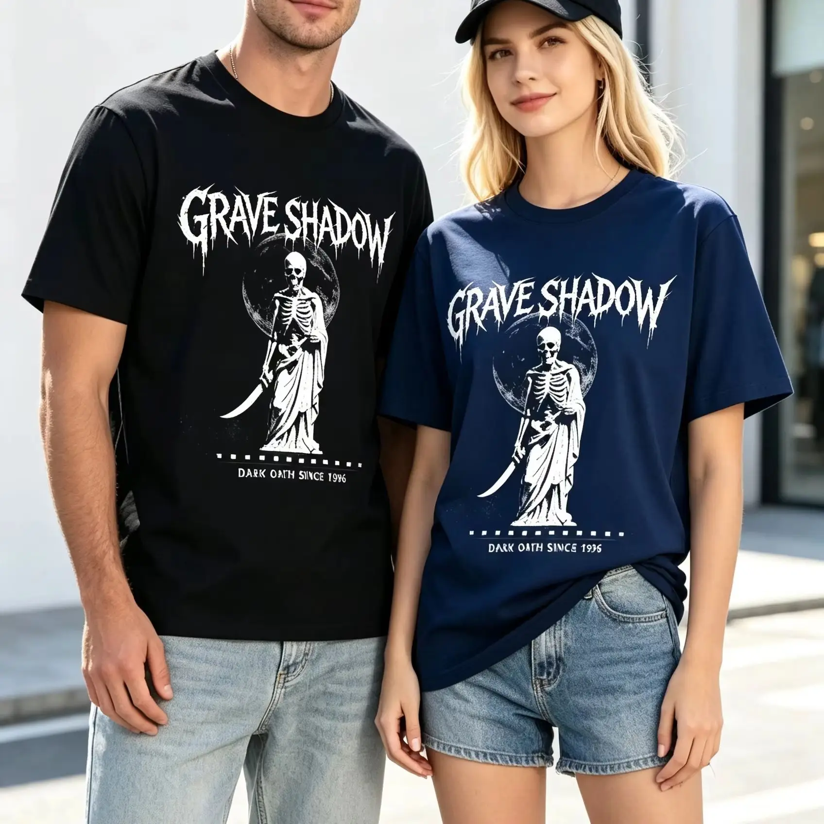 Unisex Grave Shadow Skeleton Warrior T‑Shirt, Vintage Moon Gothic Death Metal Rock Dark Aesthetic Casual Short Sleeve Tops
