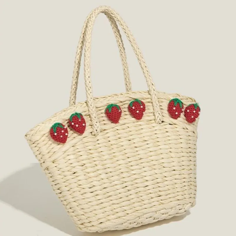 

Sweet Lovely Strawberry Handbag Women Straw Woven Large Capacity Shoulder Bags Ladies Fashion Beige Vacation Beach Tote Bag 2025