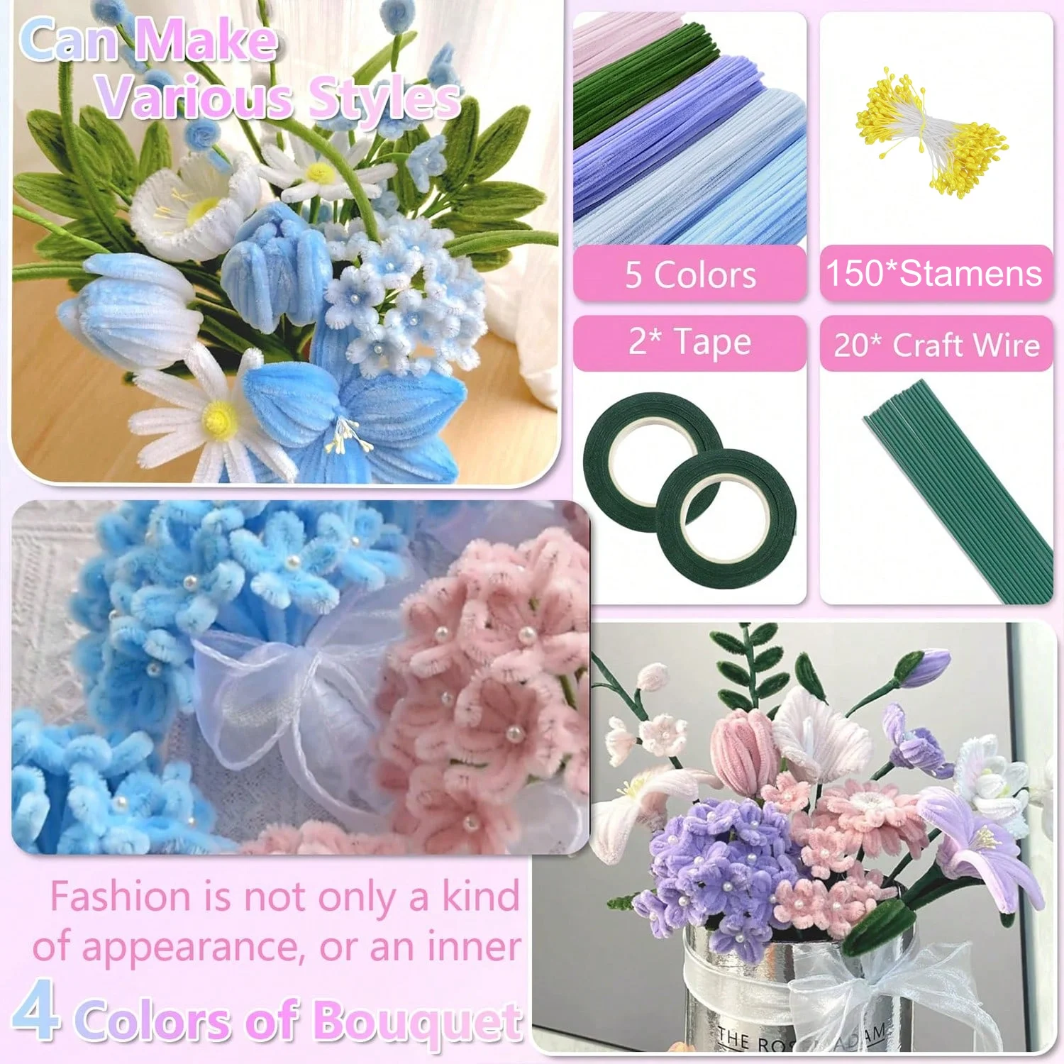 400/573pcs Pipe Cleaners Craft Set With Tutorial Video,DIY Handmade Flower Making Materials,Valentine Mother's Day Creative Gift view 4