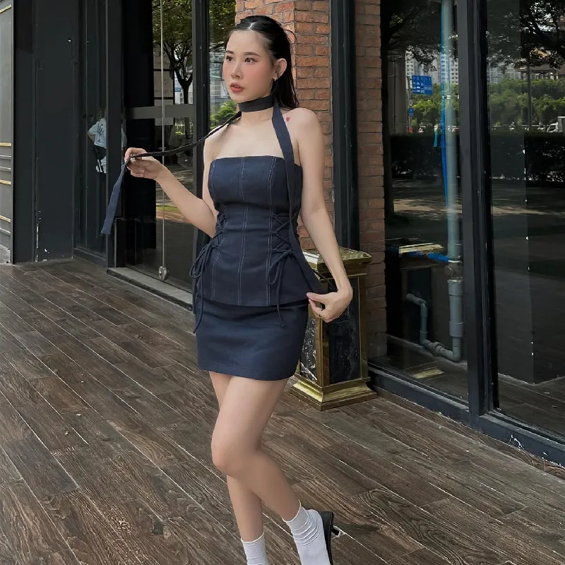 WhereMery Women Formal Occasion Two Piece Set Sexy Side Cross Bandage Solid Tube Tank Top With Skinny Slim Skirt 2023 Summer New