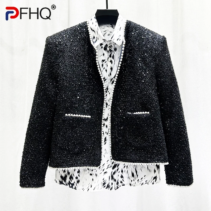 

PFHQ Men's Jacket Autumn New Korean Fashion Embroidered Pearl Glitter Design Short Coat 2024 Long Sleeve Male Tops 21Z6106