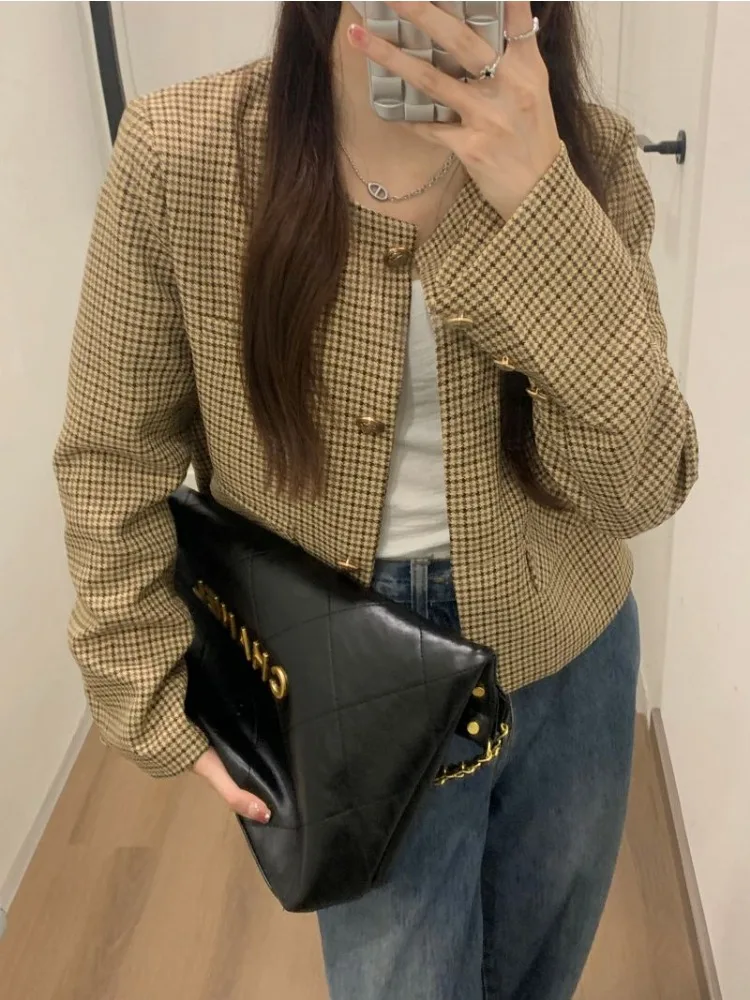 Women's Spring Autumn Houndstooth Short Blazer Coat Jacket Round Collar Single Breasted Outerwears Female Tops 2025