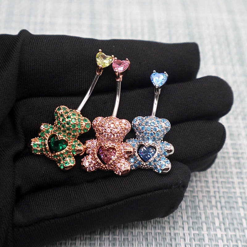 Miqiao umbigo anéis bonito urso 925 prata piercing umbigo nova chegada luxo rosa azul verde corpo jóias