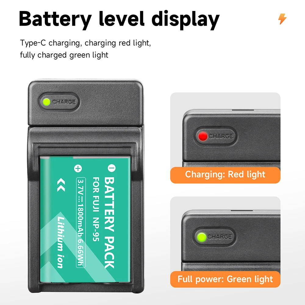 NP 95 배터리 팩 NP-95 3.7V 1800mAh 배터리, Fujifilm F30 F31 F31FD 3D W1 X100T X100S X100 X30 + C타입 고속 충전 충전기