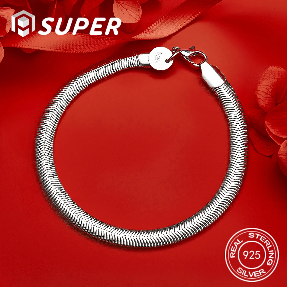

ALISuper 925 Sterling Silver 8-inch 6mm Snake Chain Bracelet for Women - Fashion Wedding Party Gift Jewelry