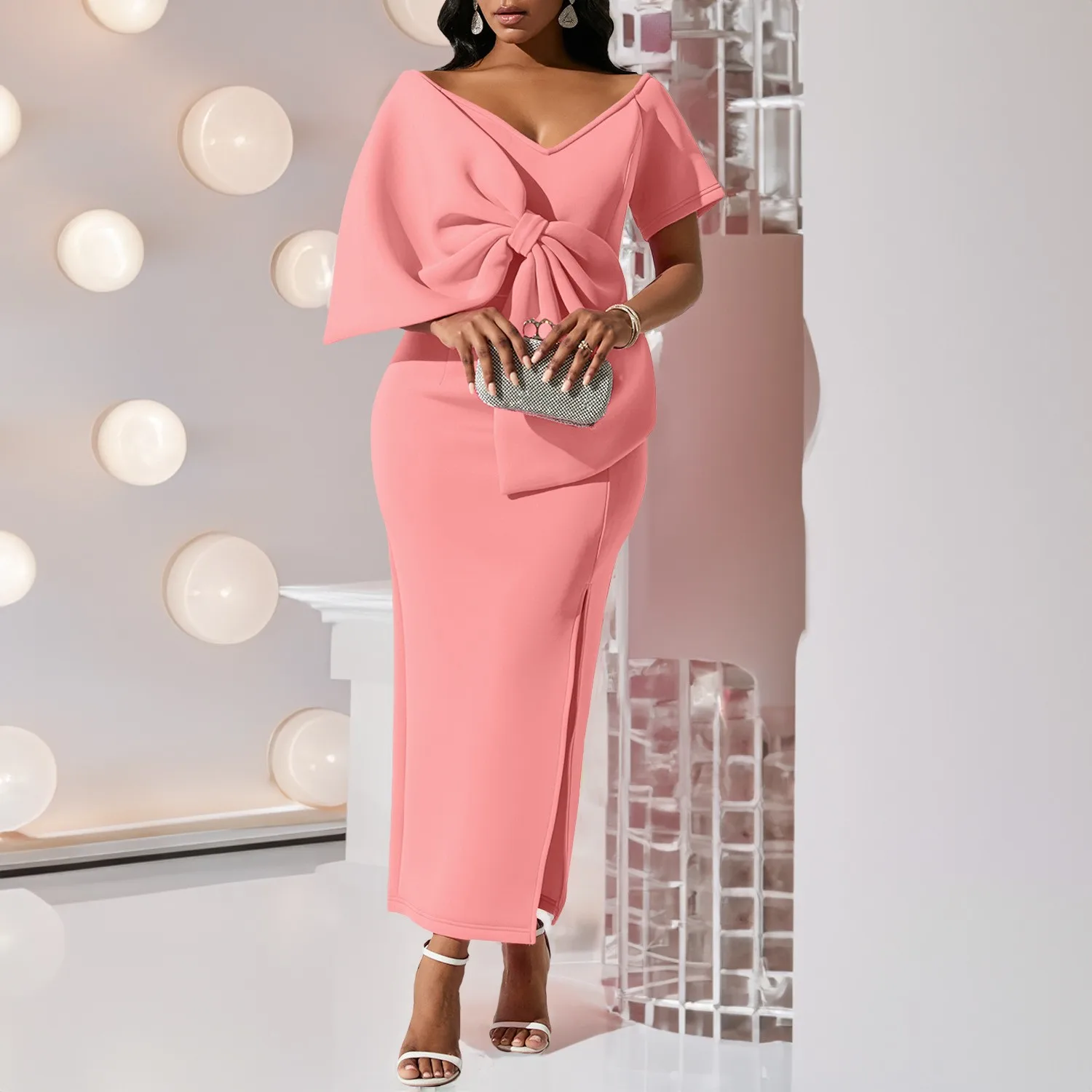 Summer Women's Casual Dresses Elegant Party Luxury 2026 Bow Front Side Slit Long Dresses Wedding Guest Prom Party Evening Dress