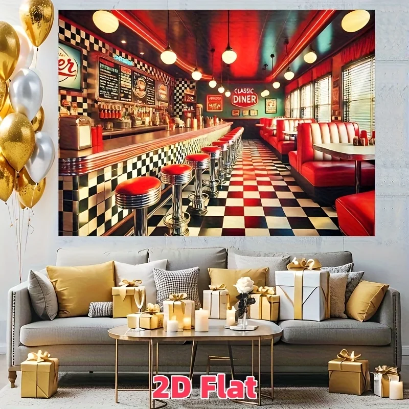 2D-Retro-Wandbild im amerikanischen Restaurant-Stil – Fotohintergrund aus Polyestergewebe im Stil der 1950er Jahre, mit kariertem Boden und Neonlichtern – Detail 3