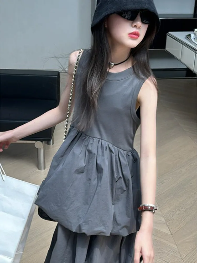 Fashion Girl Sleeveless Vest Dress Summer New Ruffles Dress Kids Holiday Dress Children Gray Casual Dress Teenage Clothes Wz1350