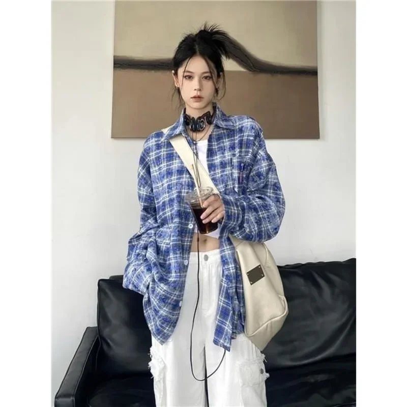 Streetwear Blouse Vintage Plaid Loose Versatile Shirts Women American Long Sleeve Lapel Camisas High Quality Chemises Femme