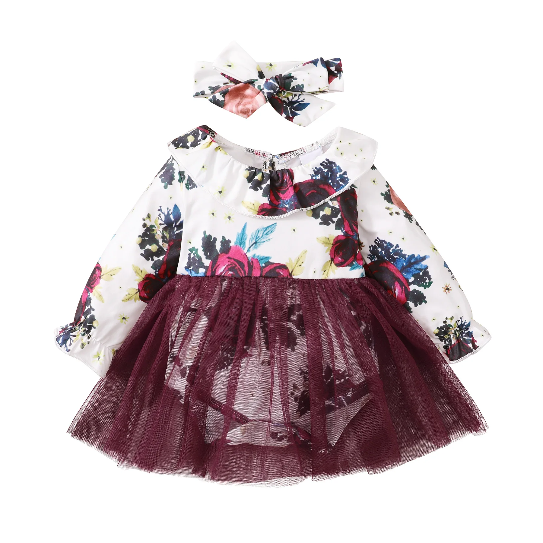 Newborn Infant Baby Girl Clothes Autumn Long Sleeve Floral Princess Baby Dress Rompers with Head Band Tutu Dress for Girls 0-18M