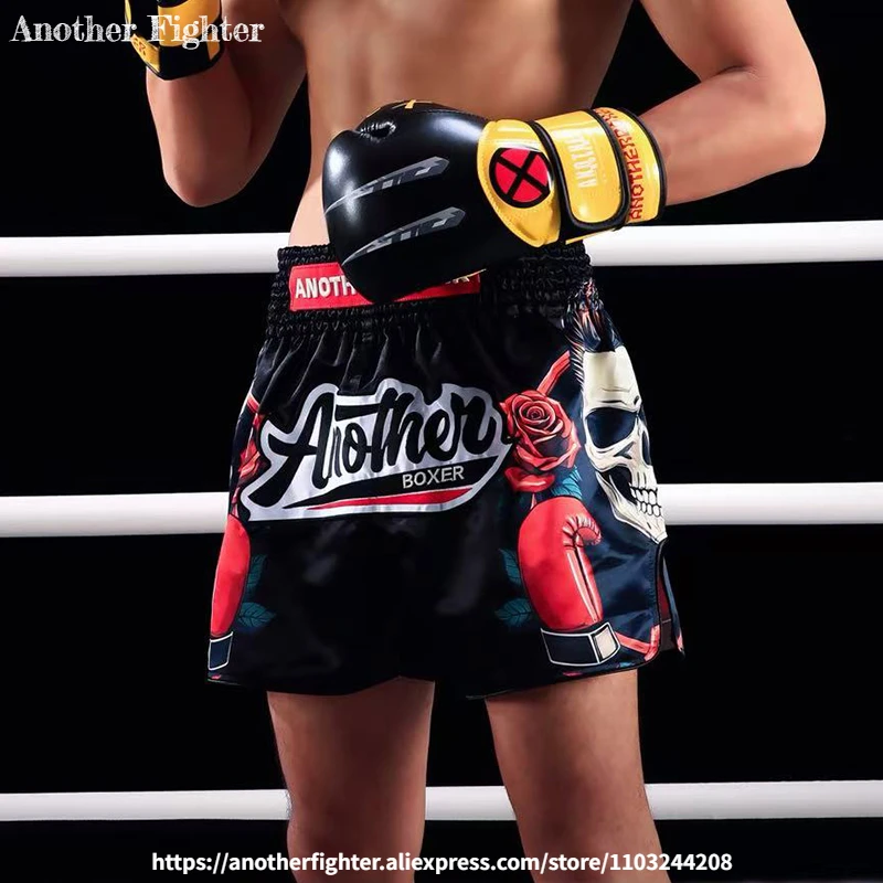 

Шорты для кикбоксинга, черные тренировочные шорты для бокса по тайскому боксу, черный череп, сублимационные шорты для взрослых, мужчин и женщин, молодежные боксеры, штаны MMA BJJ