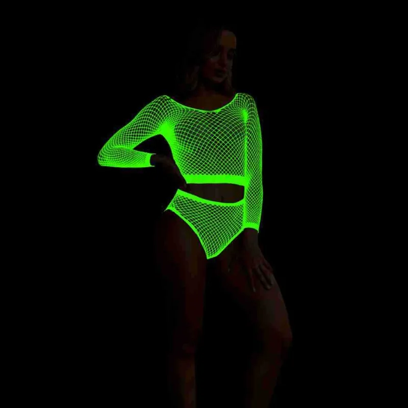 توهج الظلام بوديستوكينج الملابس الداخلية مثير الجوف خارج شبكة صيد السمك Catsuit انظر من خلال قطعة واحدة المرأة المثيرة مضيئة سيسي مجموعة