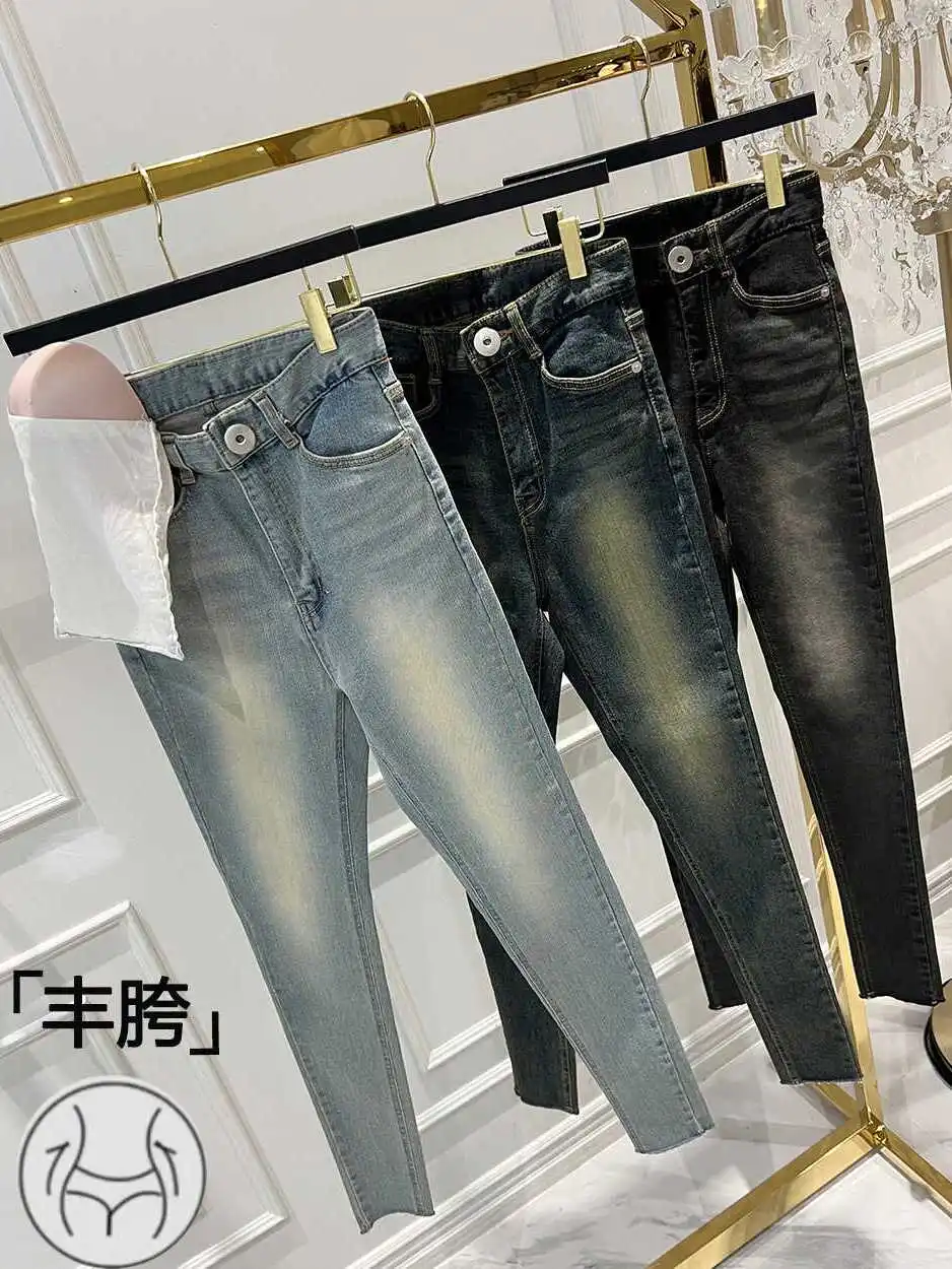 جينز نحيف بخصر مرتفع على الطراز الكوري، تصميم عتيق بطول تسعة أرباع، ضيق ومناسب للجسم، مصنوع من القطن المرن مع حشوة للورك #4