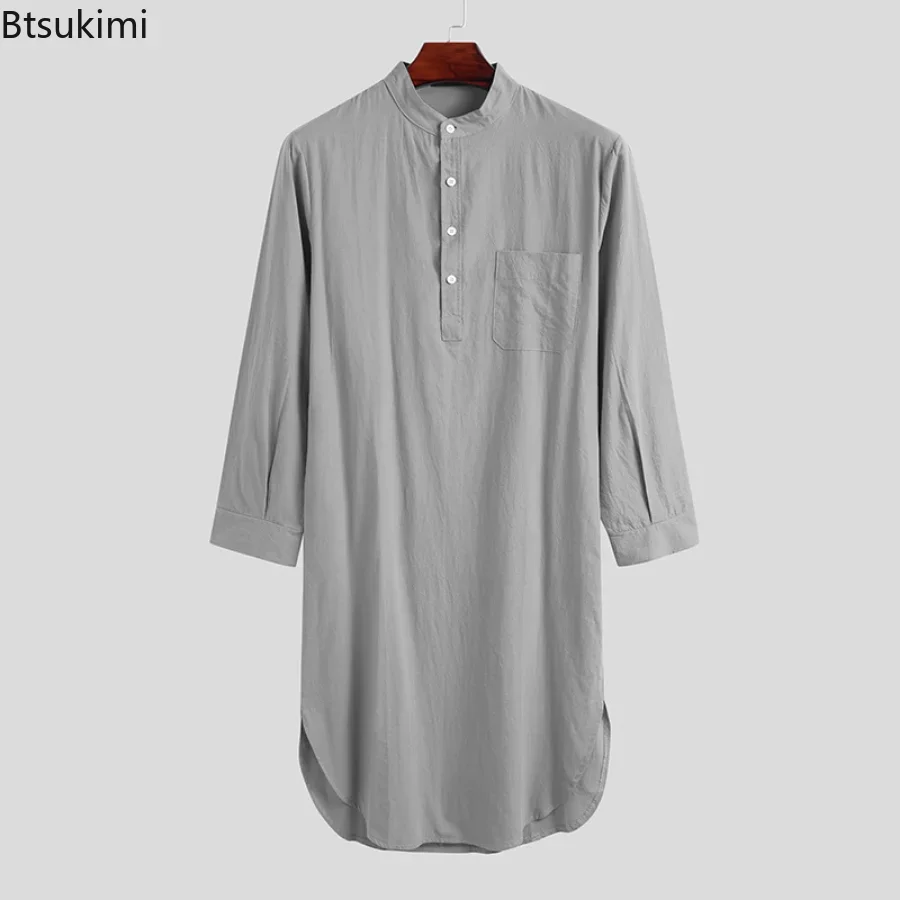 Muslim Fashion Abayas for Men Sleep Robes Solid Cotton Long Sleeve Comfortable Leisure Nightgown Mens Bathrobes Homewear Robes