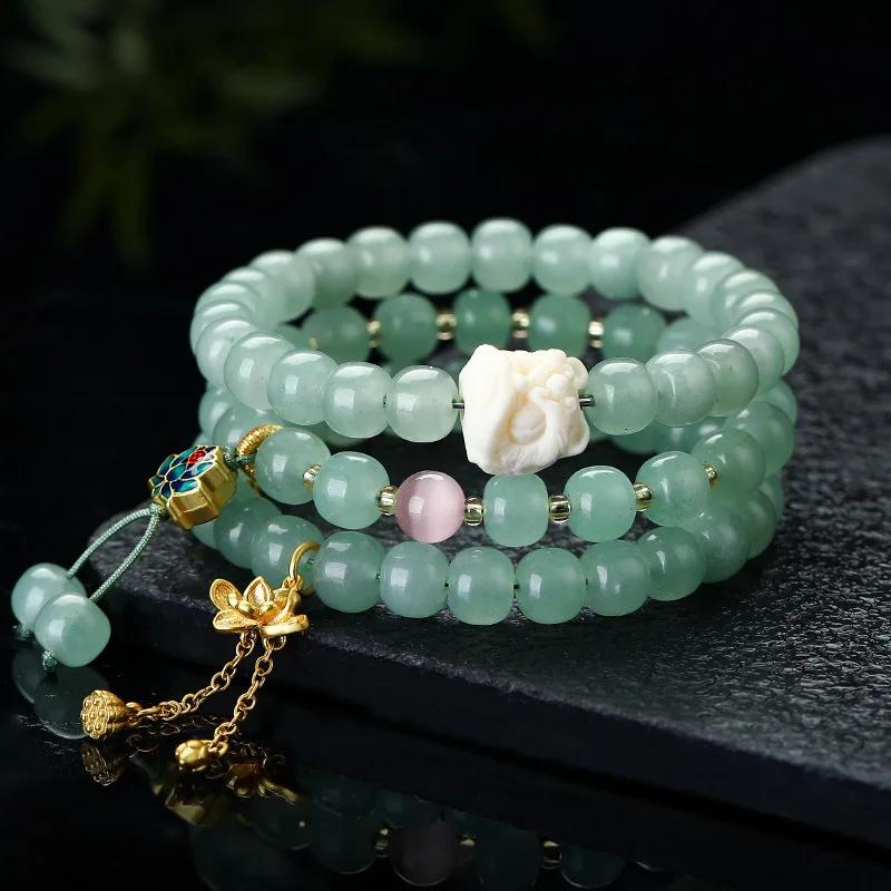 2026 Luxury Natural Green Aventurine Round Beads Handstring Bracelet Jade Buddha Beads Jadeite Green Single Circle Ethnic Couple