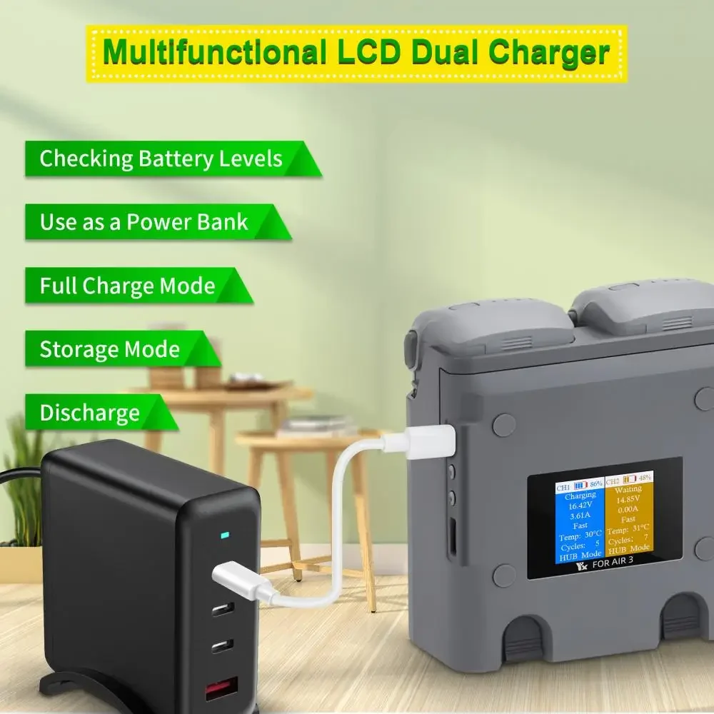 

YX DJI Air 3S/ Air 3 Two-Ways Color Screen Battery Charging Hub Portable Fast Charging Case Drone Accessories