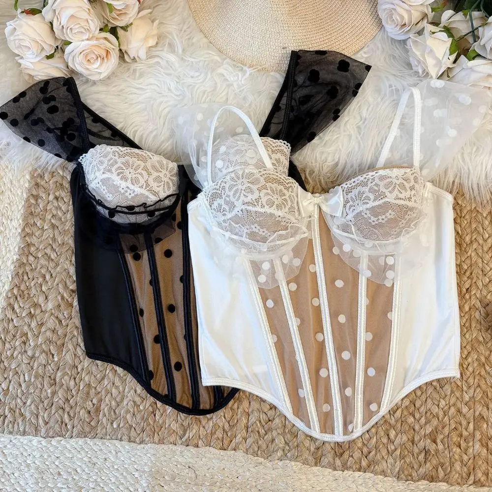 

Elegant Spicy Girl Style Lace Camisole Dots Slim fit Crop Tops Streetwear Tanks Suspender Vest Party