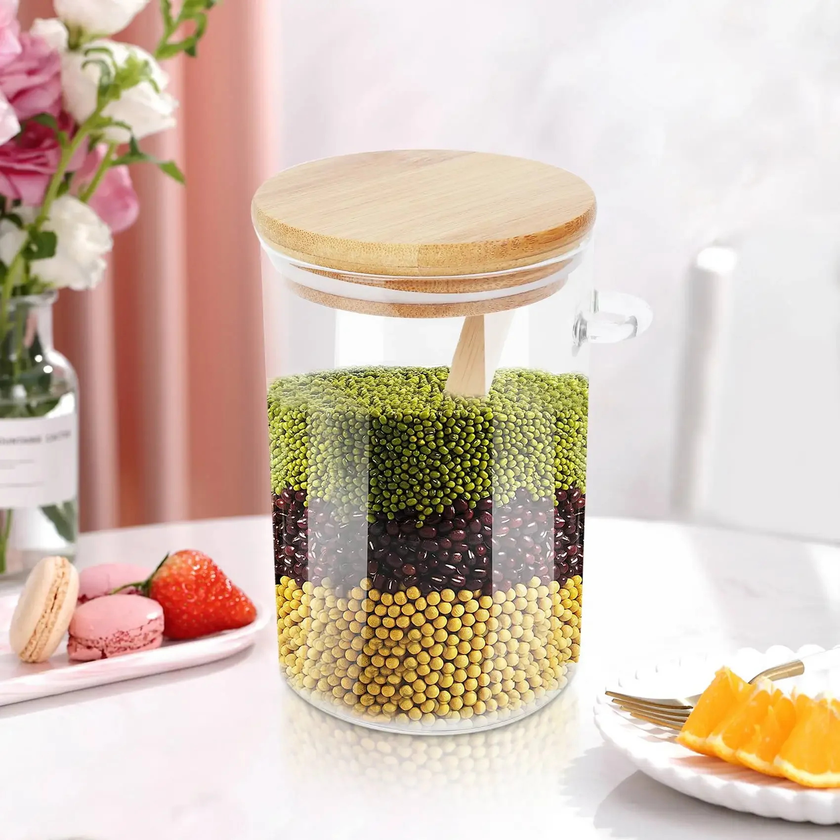 Food Storage Glass Jar Clear Sealed Canister Container with Lid and Spoon for Loose Tea Salt Sugar Coffee Bean Preservation