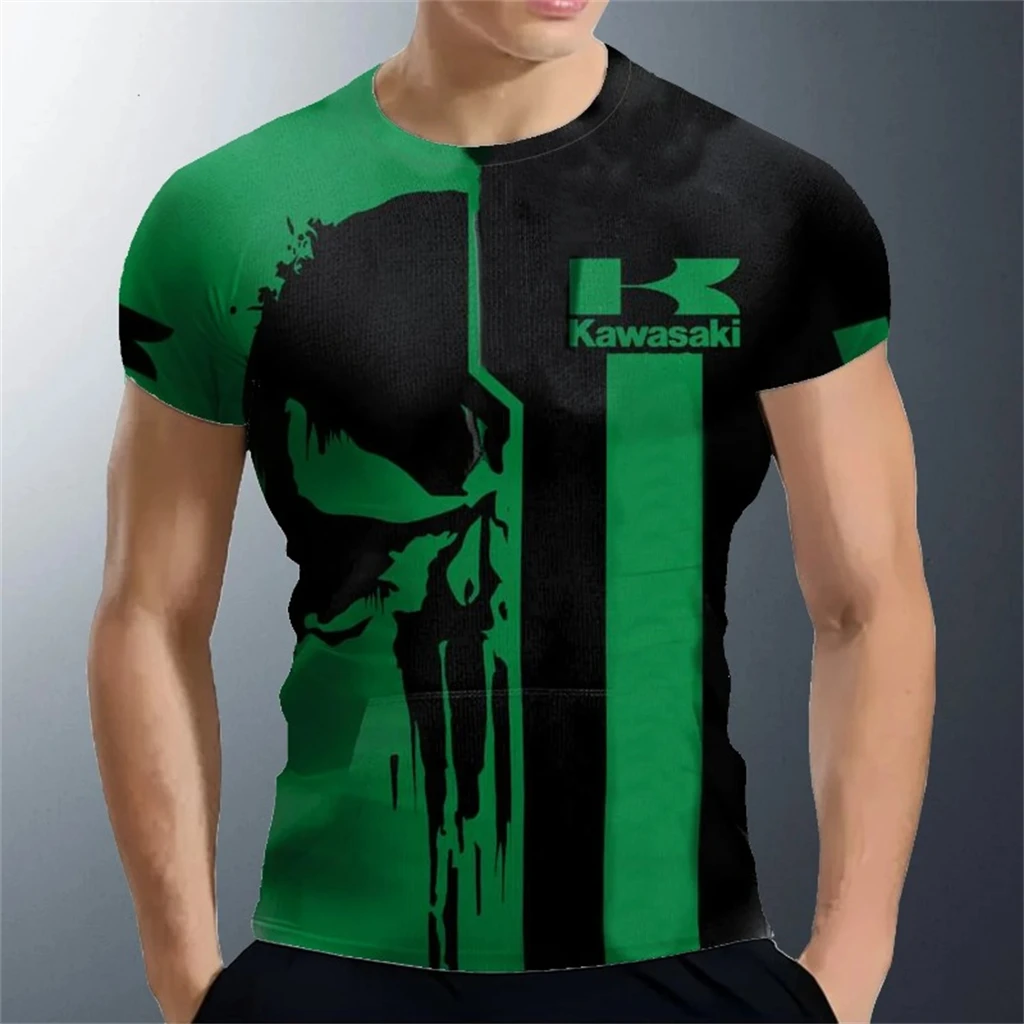 

High Quality Men's Summer Round Neck T-Shirt Short Sleeved Kawasaki Logo Outdoor Sports Daily Fitness, Commuting Men's Top