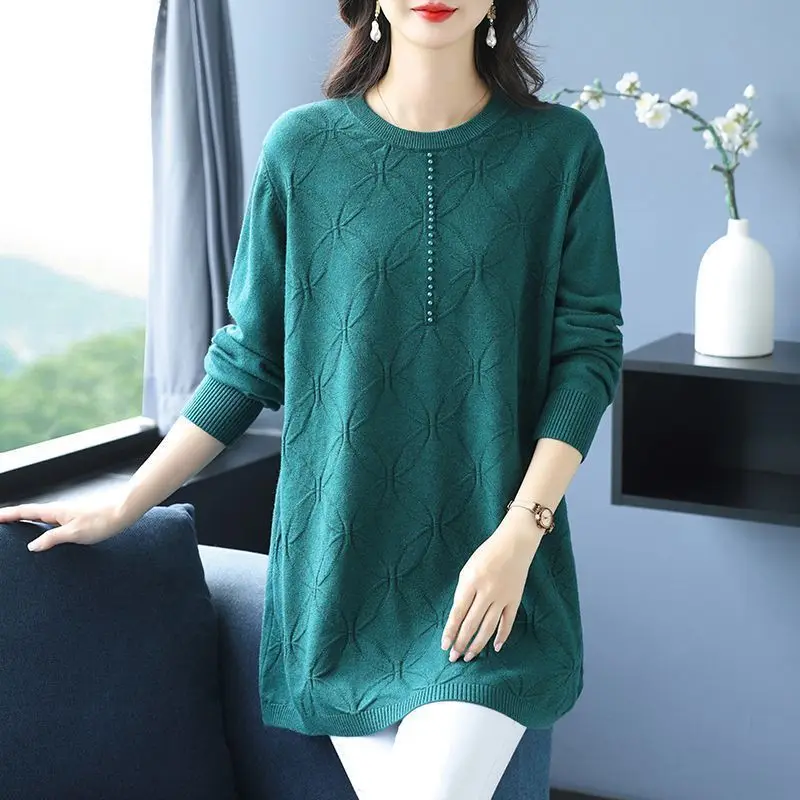 

High Quality Round Neck Knitwear Female 2026 Autumn Winter New Long Sweater Bottoming Shirt Loose Jacquard Mother Pullover Woman