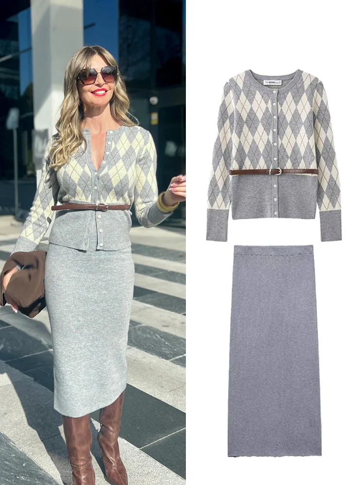 HH Herbst Frauen Mode Oansatz Gestrickte Langarm Mantel Diamant Muster Mit Gürtel Schmücken Strickjacke + Split Saum Hüfte Midi rock