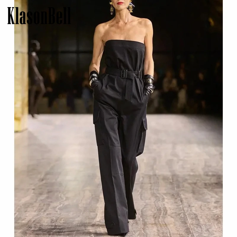 

5.23 KlasonBell Fashion Runway Cargo Strapless Playsuits Sexy Temperament Sashes Collect Waist Straight Jumpsuit For Women