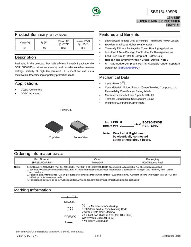 Free Shipping 10PCS S15U50S SBR15U50SP5 SBR15U50SP5-13 PowerDI5 15A 50V SBR Super Barrier Rectifier