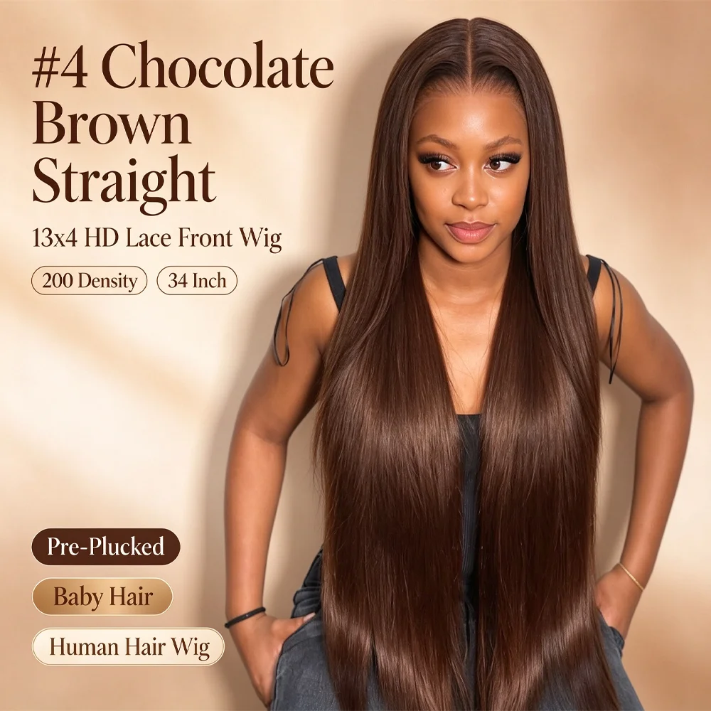 #4 Straight Human Hair Wig Chocolate Brown 34 inch 200 Density 13x4 HD Lace Front Human Hair Wigs For Women Pre Plucked Baby Hair