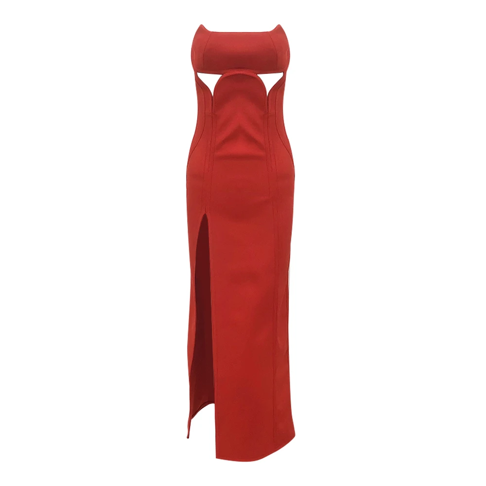 Robe rouge Sexy sans bretelles pour femmes, ajourée, fendue, à bandes, sans manches, dos nu, découpe, longue, Slim, élégante, robes de soirée