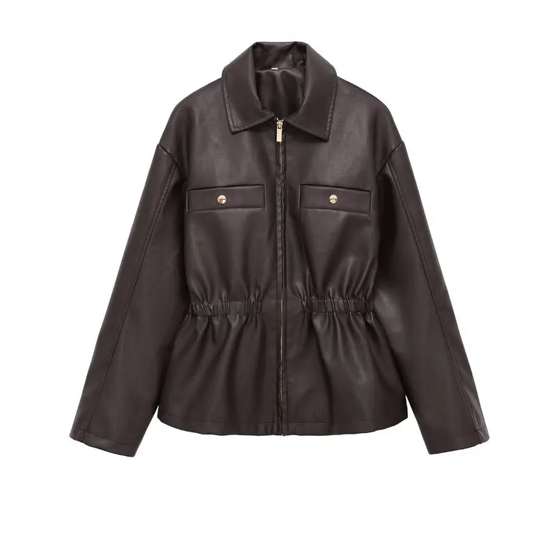 Winter 2025 Women's Fashion Leather Jacket Elastic Waistcoat Zipper Closure Long Sleeve Turn-down Collar Novelty Outerwear