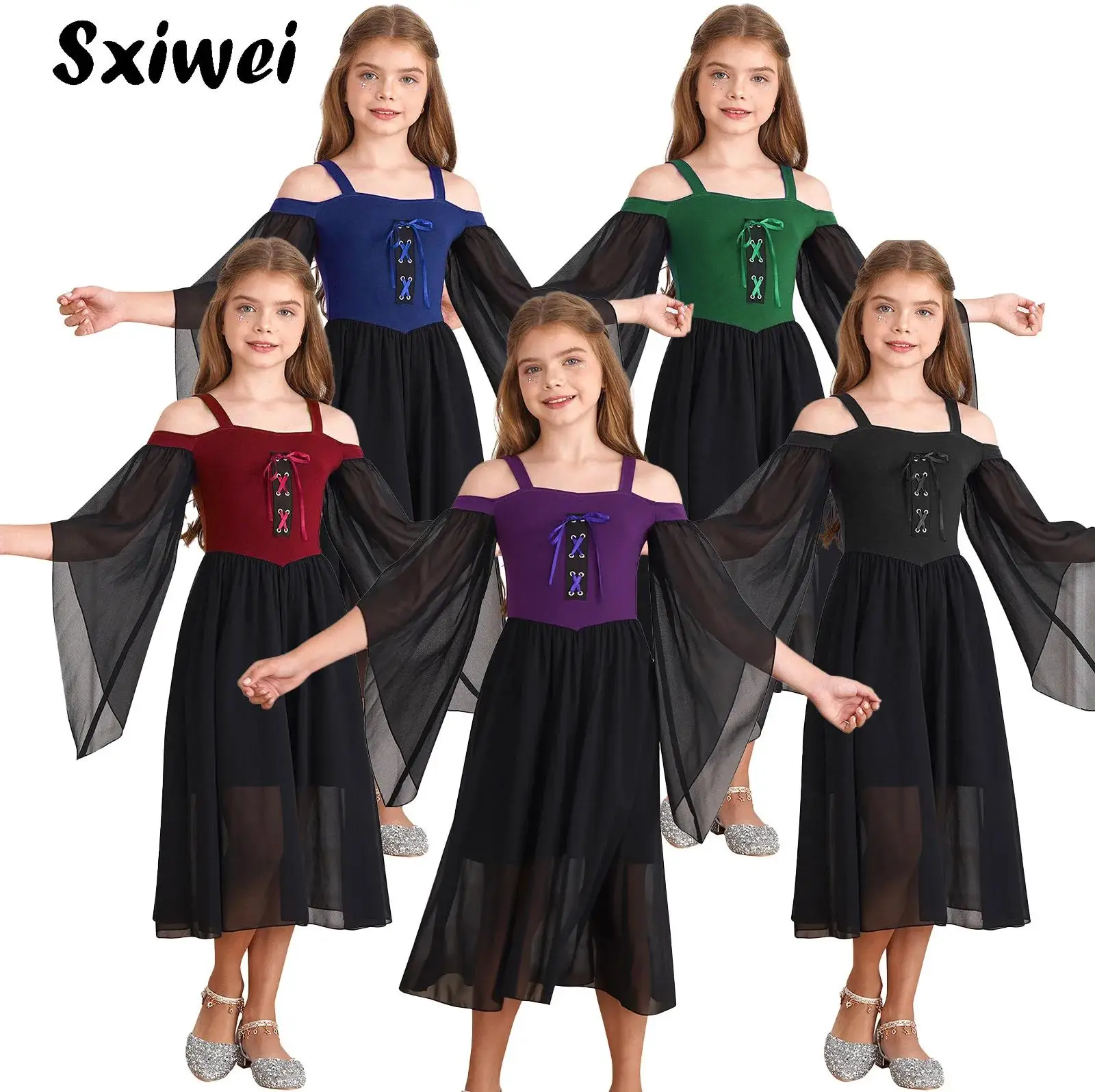

Girls Medieval Gothic Chiffon Dress Flare Long Sleeve Renaissance Vintage Victorian Corset Dress Halloween Cosplay Clothes