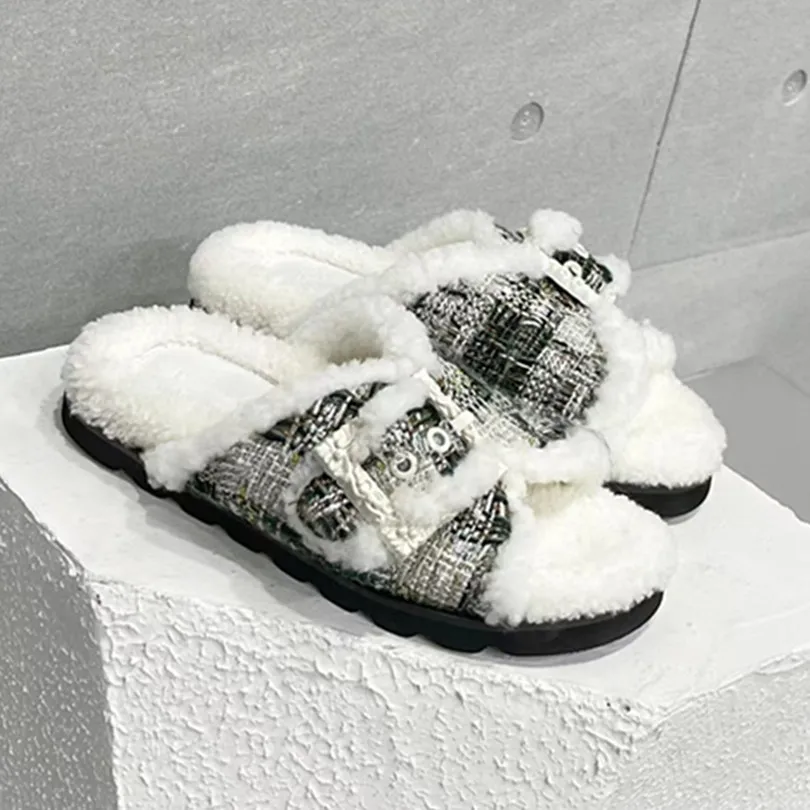 

Designer Brand Women's Leather Casual Outer Wear Retro Pure Wool Slippers Women's Warm Cotton Shoes Winter New Trend 2024