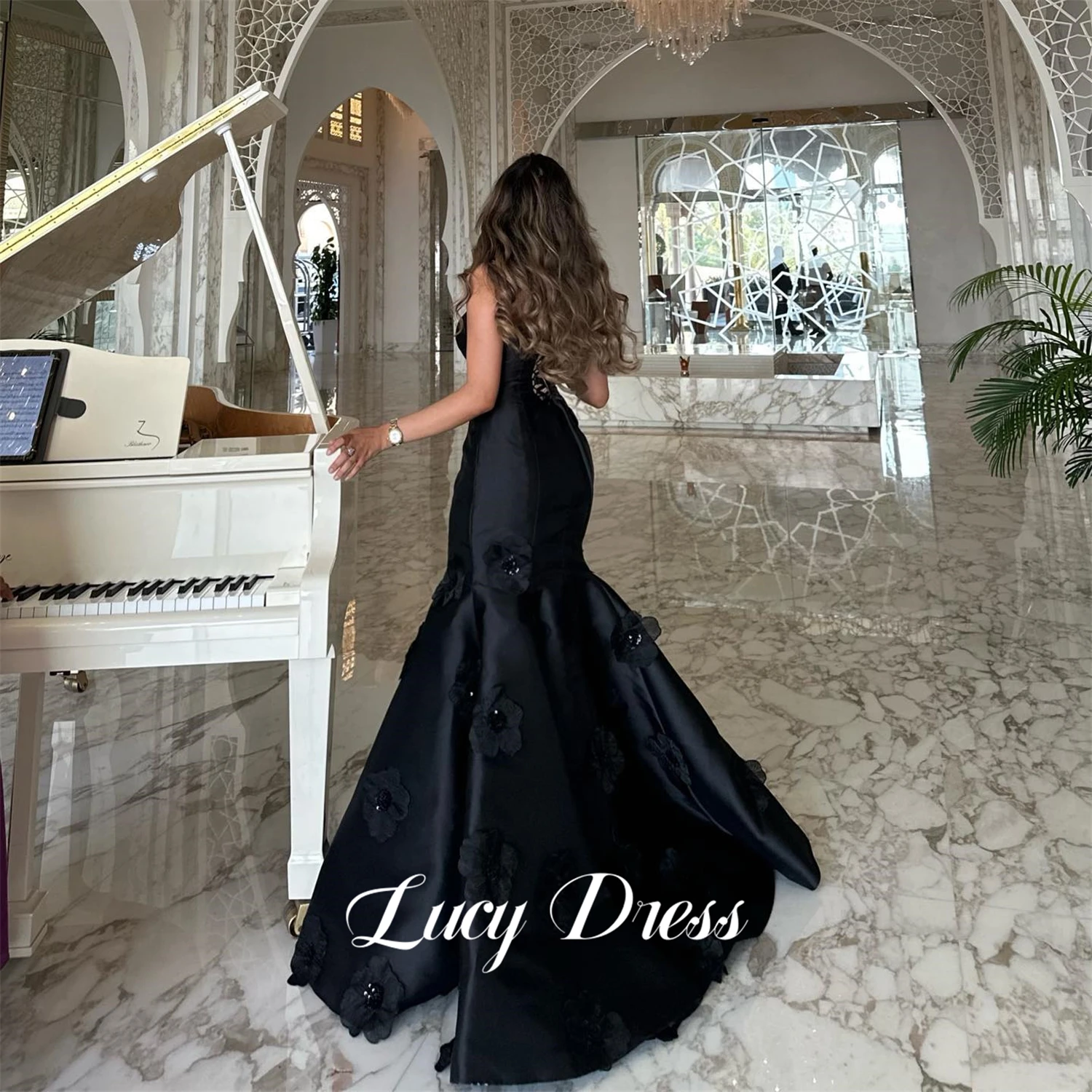 Lucy Flower Decoration Black Evening Dress Luxurious Satin Customized Dresses 2024 Women Ball Gowns Robe De Soiree Femmes