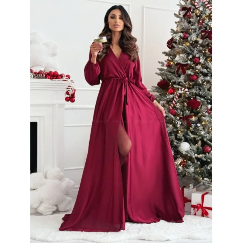 New Women Sexy Long Sleeve Solid Cardigan Maxi Dress Casual Lapel High Waist Pocket Dress