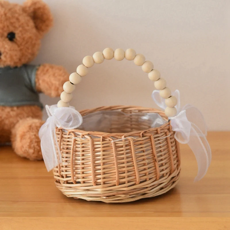 

Плетеная корзина для пикника с жемчужными ручками в деревенском стиле, корзина для хранения из ротанга для цветочницы на свадьбу