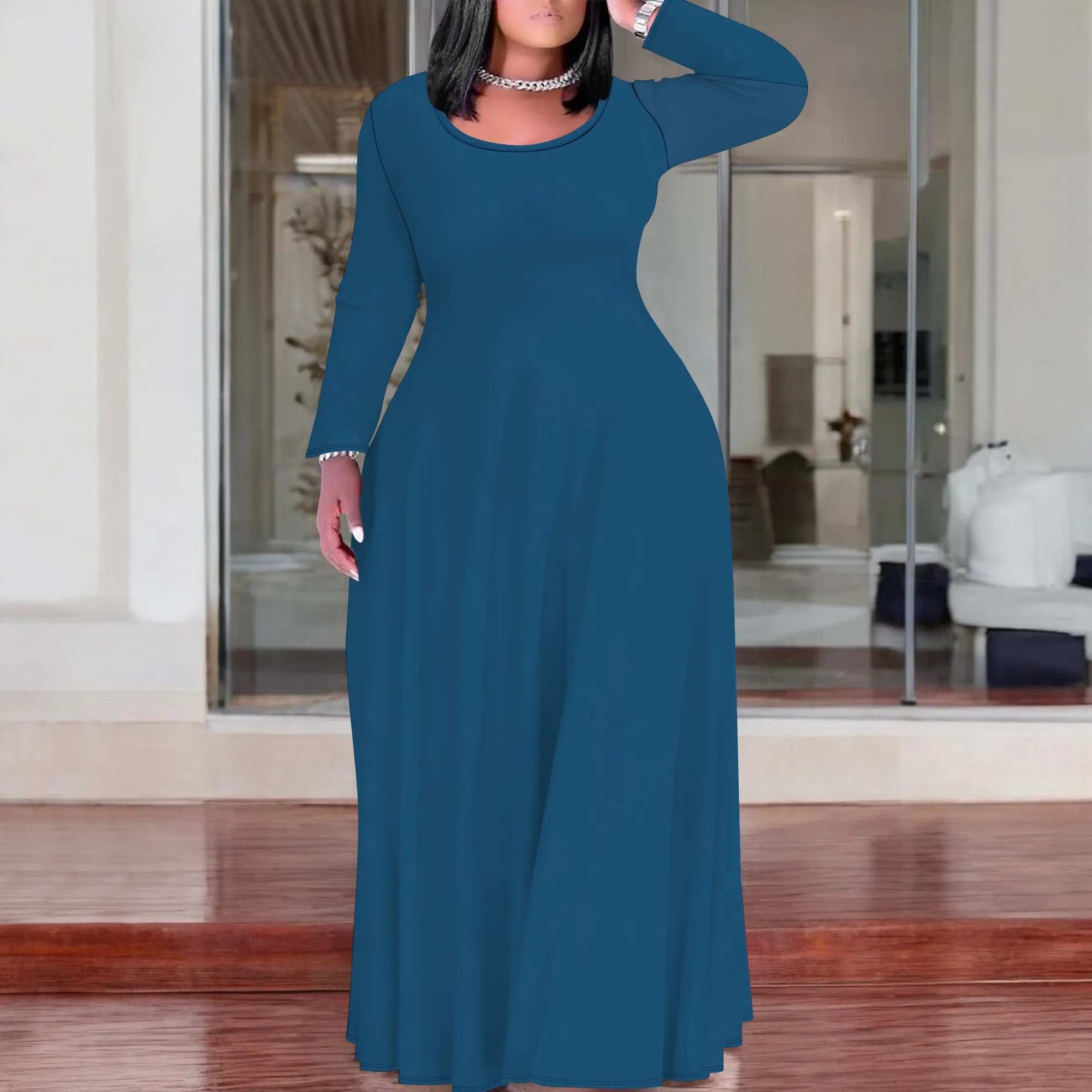 

Women's Plus Size African Ethnic Style Maxi Dress Long Sleeve Tank Dress Autumn T Shirt Beach Maxi Dress with Pockets