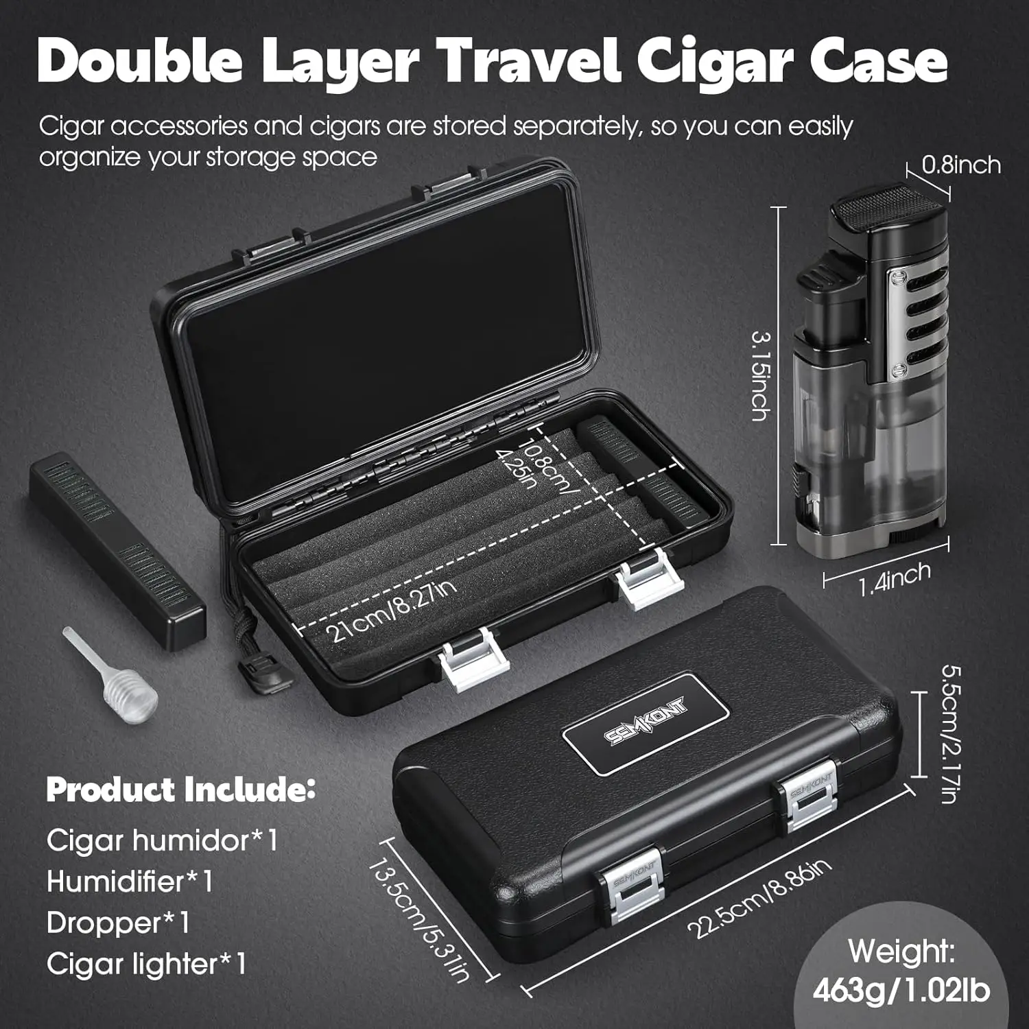 SEMKONT-Portable Travel Cigar Humidor,Double Cigar Humidor with Separate Storage for Cigar Accessories,Holds 5 Cigars