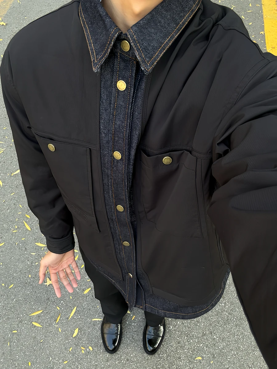 

Men's Denim Patchwork Cotton Jaet Thi Warm Workwear Sle Winter Outerwear Cleanfit High-End Feel Casual Long Sve Coat