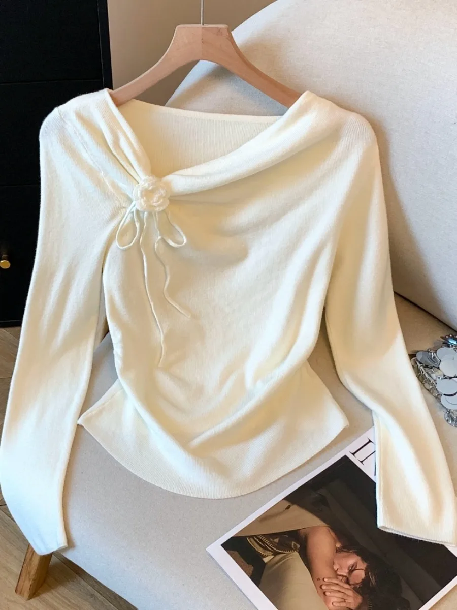 سترة محبوكة من Pure Desire محفظة ذاتيًا مع ياقة مائلة غير متماثلة طويلة Sve ort Sle للسيدات للخريف بخصر جديد... #2