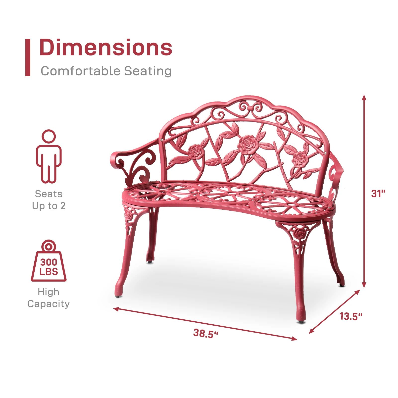 

Outdoor cast aluminum patio bench, porch bench with curved legs, suitable for garden, with coffee table, rose pattern, red